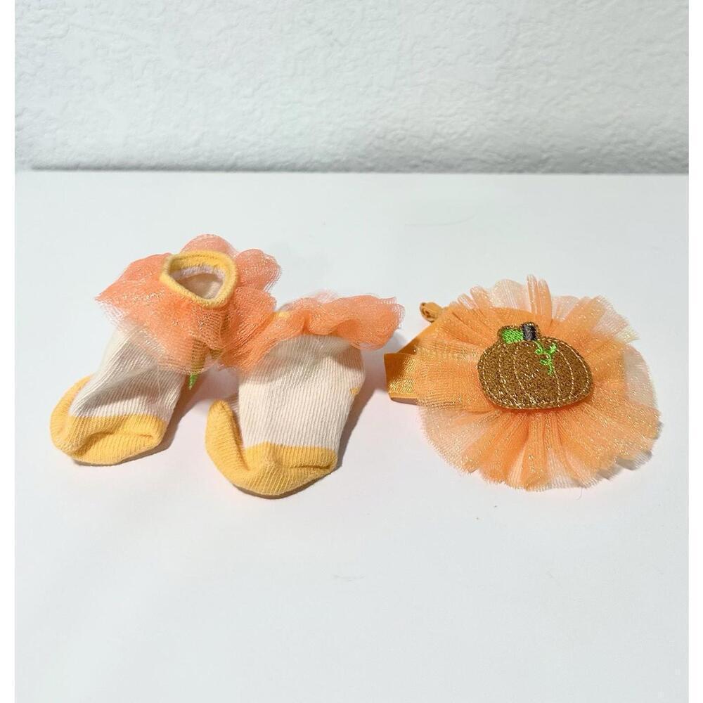 Newborn Outfit Three Piece Headband and Pair of Socks Set Pumpkin Fall Orange
